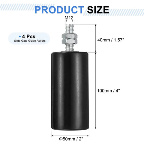 Heavy Duty 4 Pack Slide Gate Guide Rollers Slick Nylon Wheels With Sealed Steel Ball Bearings For Sweet Universal Sliding Door Track Replacement Components Black, showing dimensions and details.