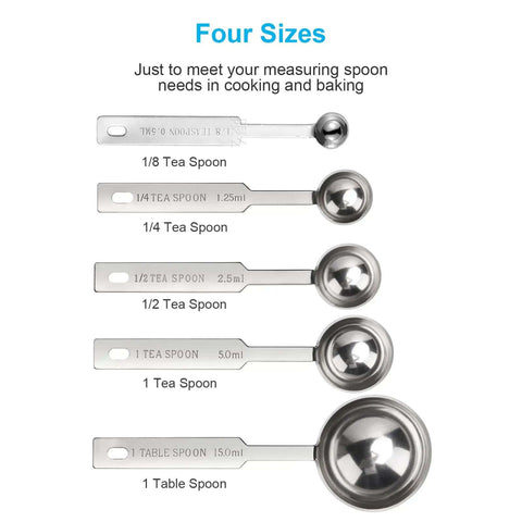 5 Piece Measuring Spoons Set With 1/8 Tsp 1/4 Tsp 1/2 Tsp 1 Tsp And 1 Tbsp Stainless Steel Food Grade Kitchen Spoons For Precise Cooking And Baking