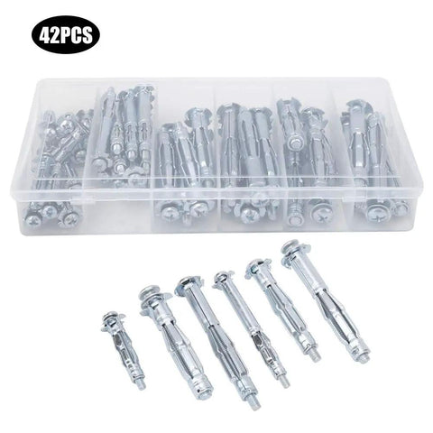 Heavy Duty Hollow Wall Anchor Kit All In One 42 Pack M4 M5 M6 Expansion Bolts For Plasterboard Drywall Brick And Wood Doors With Reinforced Wings And Integrated Washers For Easy Quick Install Thin Metal, 42-piece case
