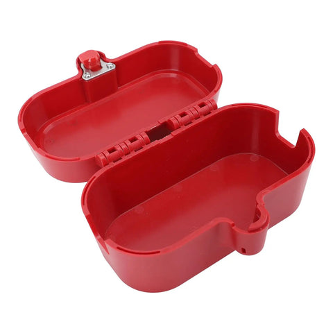 Red Industrial Plug Lockout Box With Self Locking Design And Integrated Lock Cylinder open view, showing internal compartment