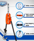 Heavy Duty 3/8 Inch Weather Resistant Rope Tightening Tie Down System with 15 Foot Orange Rope, showcasing components