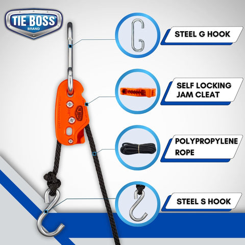 Heavy Duty 3/8 Inch Weather Resistant Rope Tightening Tie Down System with 15 Foot Orange Rope, showcasing components