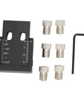 Kick Your DIY Woodworking To The Next Level With This Sweet 15 Degree Wood Punch Locator Tool For Perfect Angled Dowel Holes And Super Strong Joints Made From Durable Aluminum Alloy With Six Drill Sleeves Included; shows wood punch locator set with six drill sleeves.