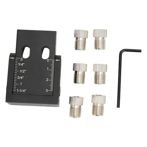 Kick Your DIY Woodworking To The Next Level With This Sweet 15 Degree Wood Punch Locator Tool For Perfect Angled Dowel Holes And Super Strong Joints Made From Durable Aluminum Alloy With Six Drill Sleeves Included; shows wood punch locator set with six drill sleeves.