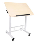 Mobile Adjustable Standing Desk With Scratch Resistant White Maple Surface And Sturdy Metal Base Rock Solid Height Adjustable Mobile Workstation For Home Office Or Study Hassle Free Setup Smooth Glide Wheels, angled view with casters.