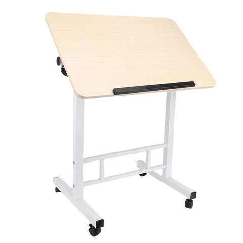 Mobile Adjustable Standing Desk With Scratch Resistant White Maple Surface And Sturdy Metal Base Rock Solid Height Adjustable Mobile Workstation For Home Office Or Study Hassle Free Setup Smooth Glide Wheels, angled view with casters.