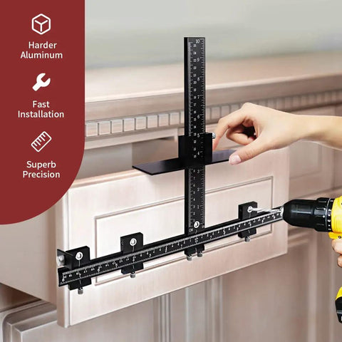 All Aluminum Cabinet Hardware Jig For Precise Drilling And Alignment on drawer front, being used with a drill.