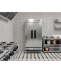 Straight Up Heavy Duty Commercial Two Door Refrigerator 35 Cubic Feet Stainless Steel With Digital Temperature Controls in kitchen.