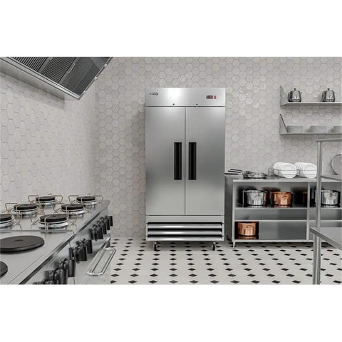 Straight Up Heavy Duty Commercial Two Door Refrigerator 35 Cubic Feet Stainless Steel With Digital Temperature Controls in kitchen.