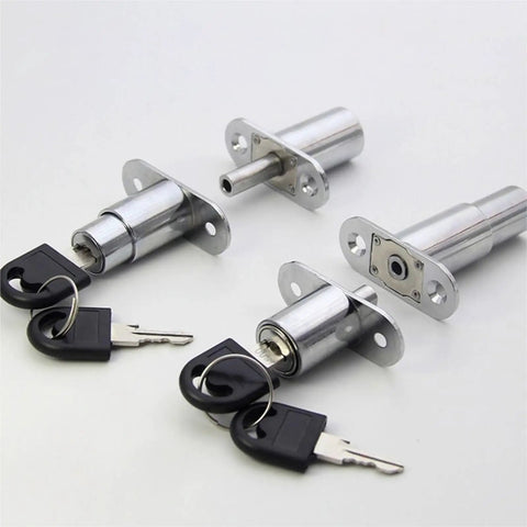 Keyed Cam Cylinder Door Lock for Cabinets and Wardrobes, 23/32mm Tongue Bolt Latch shown with keys on white background