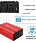 Heavy Duty 300 Watt Car Power Inverter transforms DC 12 Volt to 110 Volt AC output with dual USB ports and LED indicator.