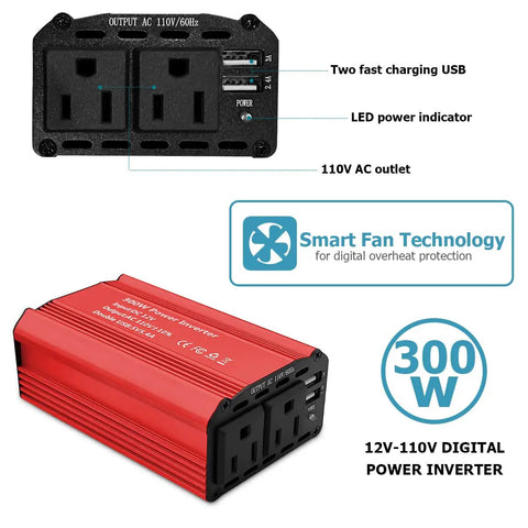 Heavy Duty 300 Watt Car Power Inverter transforms DC 12 Volt to 110 Volt AC output with dual USB ports and LED indicator.