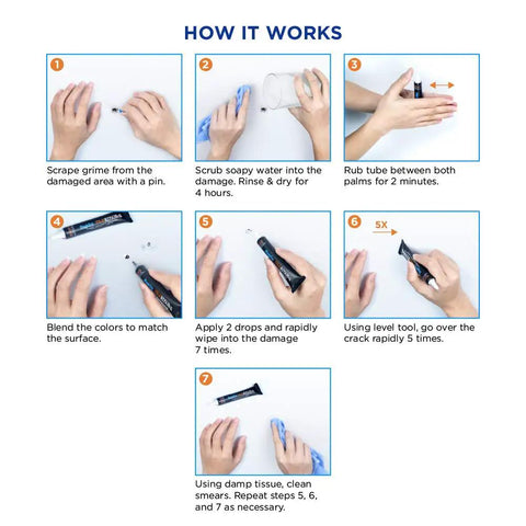 Step-by-step guide using Tile Repair Filler For Ceramic Porcelain Acrylic Fiberglass And Enamel to fix chips and cracks.
