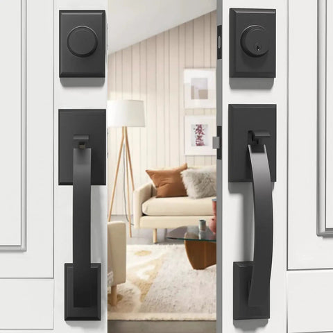 Matte Black Front Door Handle Set With Deadbolt And Lever, Heavy Duty Double Door Lock Kit on white double doors