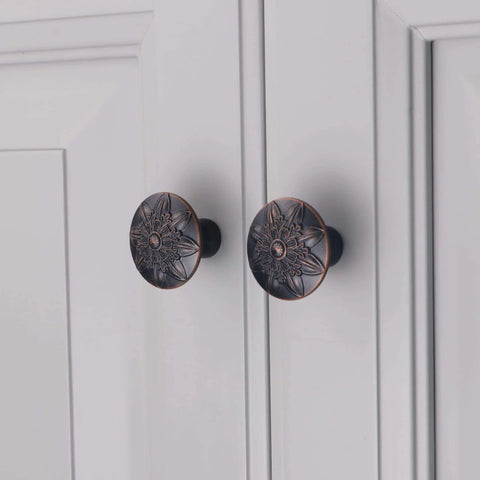 Oil Rubbed Bronze Cabinet Knobs Set 10 Pack One Point Four Inch Round Floral Design For Kitchen Cabinets And Drawers