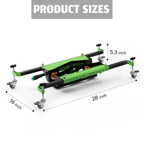 One Piece Patented Door Installation Tool Kit with aluminum alloy dolly lifter and wheel legs, 28x16x5.3 inches, black green.