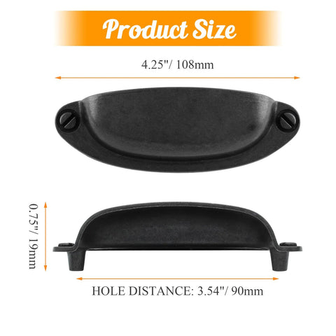 Antique Black Cabinet Cup Pull Handles 3.5 Inch Hole Centers, side view with dimensions, vintage shell pulls 6 pack, zinc alloy