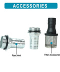 No-Nonsense 110V AC 550W Self Priming Electric Fuel Transfer Pump accessorized with pipe joint and filter accessories.