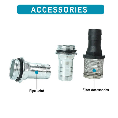 No-Nonsense 110V AC 550W Self Priming Electric Fuel Transfer Pump accessorized with pipe joint and filter accessories.
