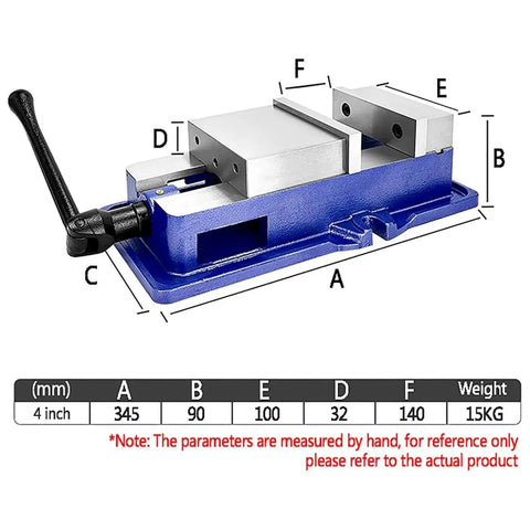 Top Shelf Badass 4 Inch Precision Milling Vise For Cnc And Drill Press shown with dimensions and specifications.