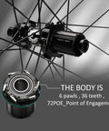 Close-up of rear hub with 6 pawls and 36 teeth from 700C Carbon Disc Brake Wheelset With 55mm Profile And 31mm Width.