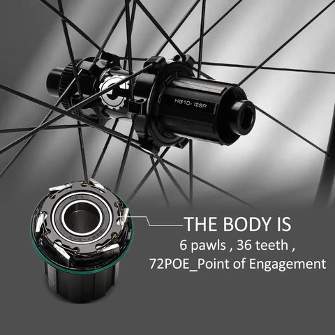 Close-up of rear hub with 6 pawls and 36 teeth from 700C Carbon Disc Brake Wheelset With 55mm Profile And 31mm Width.