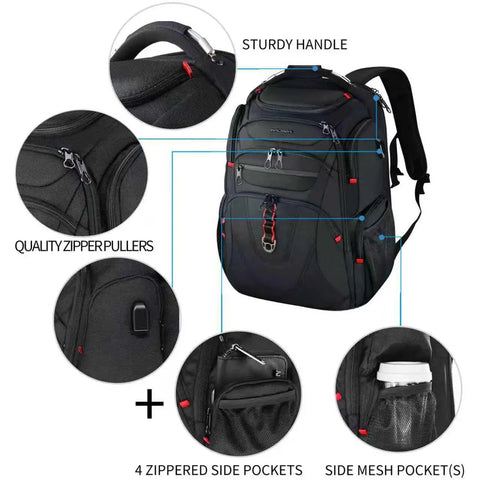 Travel Laptop Backpack 17.3 Inch TSA Friendly Daypack with sturdy handle, zippers, USB port, and side pockets in black.