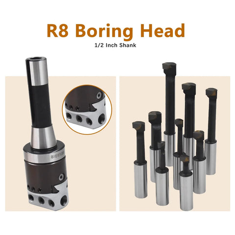 2 Inch Boring Head With R8 Shank Pro Grade Heavy Duty Boring Bar Set For Milling And Lathe Work, 9 carbide tipped bars, hex wrenches