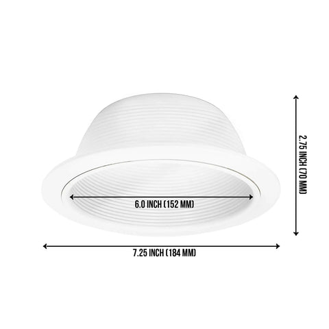 12 Pack 6 Inch Metal Recessed Can Light Trim Cover With Step Baffle Ring In White Fits Most 6 Inch Housings, dimensions shown