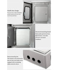 Stainless Steel Outdoor Weatherproof Electrical Junction Box With Mounting Panel And Hinged Cover, double door design, threading holes.