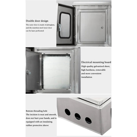 Stainless Steel Outdoor Weatherproof Electrical Junction Box With Mounting Panel And Hinged Cover, double door design, threading holes.