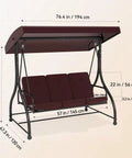 3-Seat Outdoor Patio Swing Glider with Heavy Duty Steel Frame and Adjustable Canopy, Brown, dimensions shown