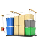 Beefed Up Heavy Duty Ceiling Mounted Garage Storage Lift System With 300 Lb Capacity holding colorful bins overhead