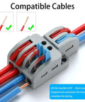 Close-up of 10 Pack 2 In 4 Out Push Lever Wire Connectors Din Rail Mount showing compatible cables and wiring instructions.