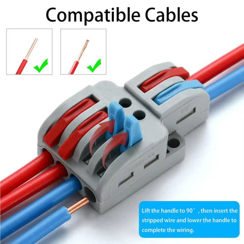 Close-up of 10 Pack 2 In 4 Out Push Lever Wire Connectors Din Rail Mount showing compatible cables and wiring instructions.