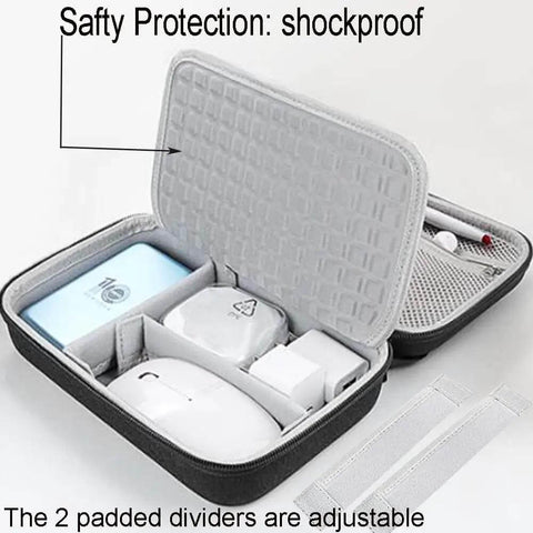 Kickass Hard Shell Cable Organizer Case Featuring Legit Shockproof Padding And Smart Double Layer Dividers For Keeping Your Power Adapters Cords And Tech Gear Snug On The Road, showing open case with padded dividers.