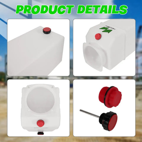 8 Quart Poly Power Unit Hydraulic Fluid Reservoir Tank for Hydraulic Systems, heavy-duty, various views and components