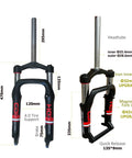 20 Inch Fat Bike Fork With 4.0 Inch Tire Spread Suspension, Dual Locking Modes Manual And Remote, 1-1/8 Inch Headset, Aluminum Alloy, Fits Snow Bikes And Tricycles, 135mm Travel, shown with dimensions and features labeled
