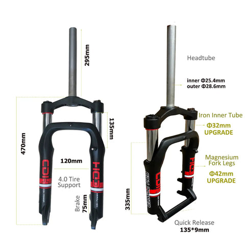 20 Inch Fat Bike Fork With 4.0 Inch Tire Spread Suspension, Dual Locking Modes Manual And Remote, 1-1/8 Inch Headset, Aluminum Alloy, Fits Snow Bikes And Tricycles, 135mm Travel, shown with dimensions and features labeled