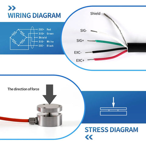 Wiring and stress diagrams showing Heavy Duty Bellows Load Cell Sensor For Precise Weight And Force Measurement 0 To 200 Kg Capacity