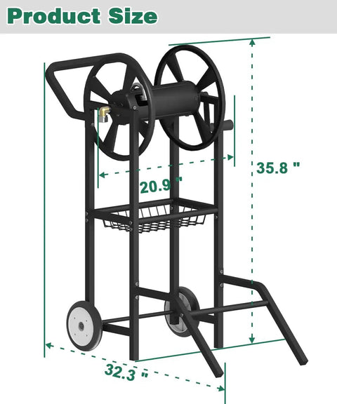 Two Wheel Hose Reel Cart Heavy Duty Powder Coated Steel Backyard Outdoor Water Hose Holder For Up To 125 Feet Of Five Eighth Inch Hoses With Basket And Three Point Nine Foot Leader Hose Black dimensions