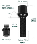 Twenty Premium 14x1.5 Extended Lug Bolts With A Robust Forty Millimeter Long Shank And Sixty Four Millimeter Overall Length, black steel with a conical seat.