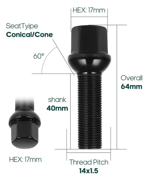 Twenty Premium 14x1.5 Extended Lug Bolts With A Robust Forty Millimeter Long Shank And Sixty Four Millimeter Overall Length, black steel with a conical seat.