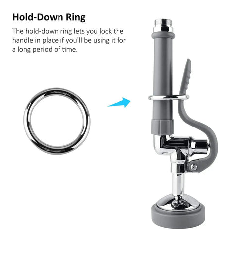 Pre Rinse Sprayer For Commercial Kitchen Sinks with handle, chrome finish, shown with hold-down ring attachment.