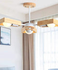 Slick Modern Metal 5 Light Pendant Chandelier Ceiling Lamp with natural wood accents for living room or kitchen decor.