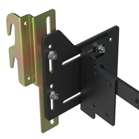 Full To Queen Conversion Kit Pair Of Adjustable Headboard Brackets For Metal Bed Frames Quick Install No Sweat Setup Slides Four Inches For Super Room Upgrade close-up detail of black and steel brackets with bolts.