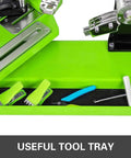 Pro Grade Tennis Stringing Machine With Six Point Mounting System and 360 Degree Rotation tray with tools visible