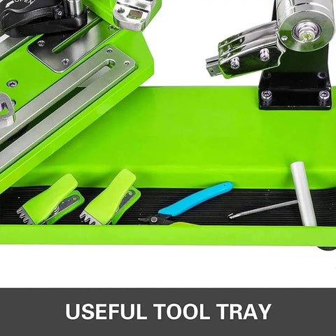 Pro Grade Tennis Stringing Machine With Six Point Mounting System and 360 Degree Rotation tray with tools visible