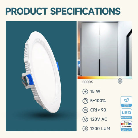Six Inch Slim LED Recessed Ceiling Light With Junction Box Dimmable Downlight With Baffle Trim 5000K Daylight 15W 1200LM
