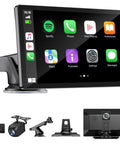 Front view of 9 Inch Wireless CarPlay Screen For Car With 4K Dash Cam And 1080p Backup Camera DVR, showing app interface.